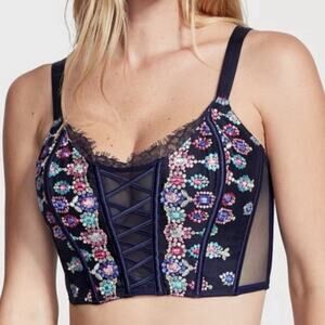 Victoria's Secret Size M-DD 36DD Bejeweled Embroidered Corset Top Blue NWT
